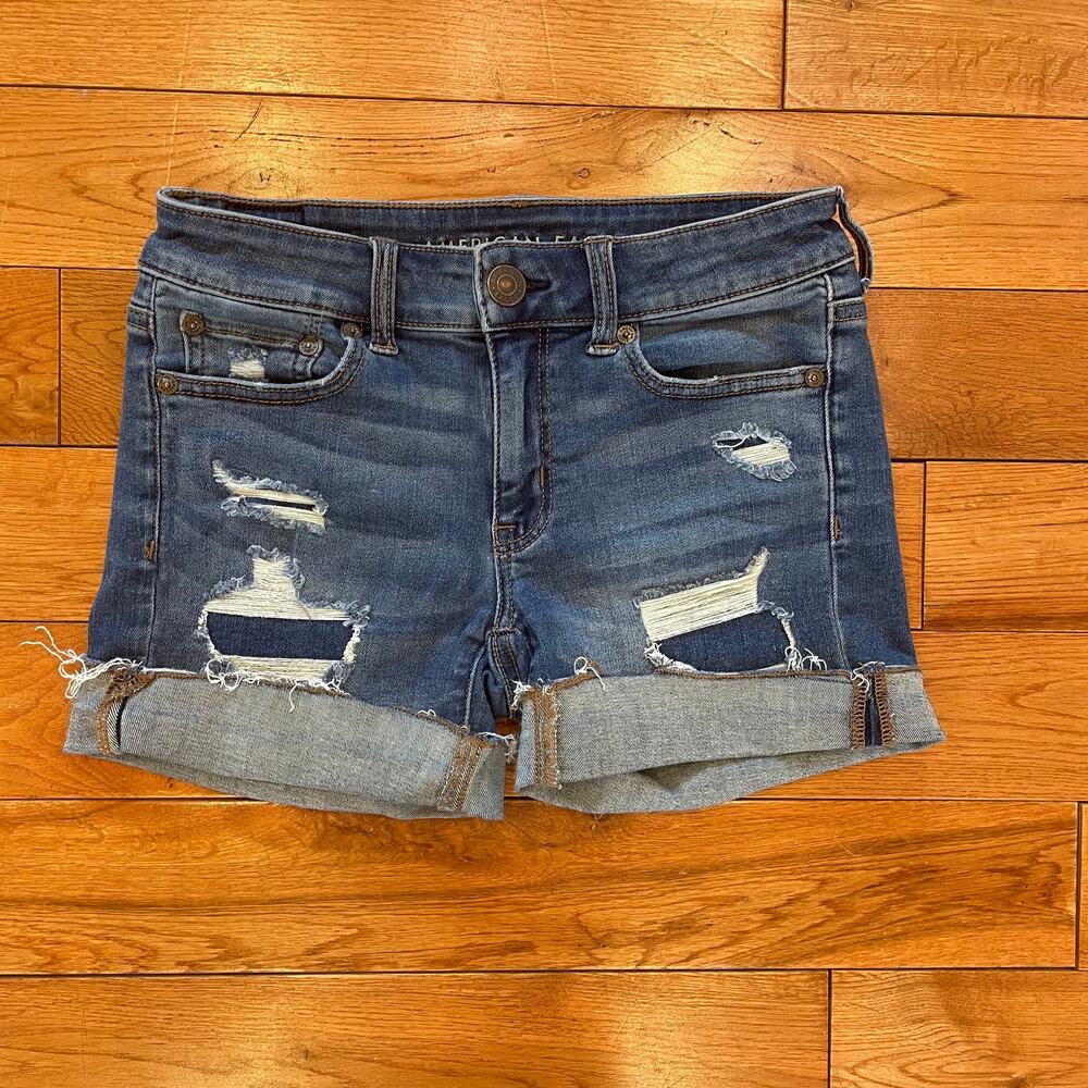 American Eagle Girls Jean Shorts Blue Next Level Stretch Spring Summer Sz 2 EUC